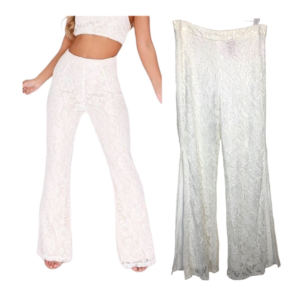 V Cristina Ivory Lace High Rise Split leg Flare Full Lace Pants‎ NWT sz 6